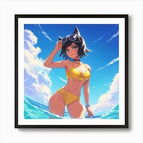 Cat Girl In The Ocean Art Print