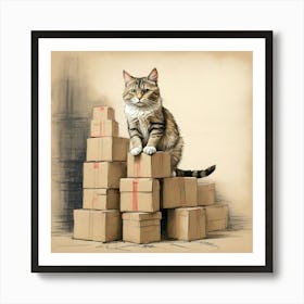 Cat On Boxes 1 Art Print