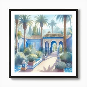 Watercolor Of A Moroccan Garden Jardin Majorelle Morocco Modern Blue Illustration 5 Art Print Art Print