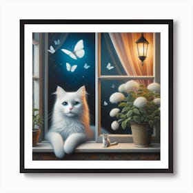 White Cat In The Window 1 Art Print