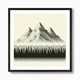 Title: "Monochrome Majesty: Pines and Peaks"  Description: "Monochrome Majesty: Pines and Peaks" is an intricate portrayal of a timeless mountain scene, rendered in stunning monochromatic detail. This piece features a majestic range of stippled mountains, their faceted slopes creating a textured contrast against the uniform pine forest below. The artwork's detailed dot work adds depth and dimension, while the forest's silhouette provides a stark, graphic boundary between the natural and the abstract. Set against a soft cream background, the composition is a testament to the beauty found in the simplicity of shape and the elegance of grayscale, making it a sophisticated choice for those with an appreciation for detail-oriented and minimalist art. Art Print