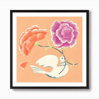 Peony Flowers And A White Dove On Pink Square Art Print