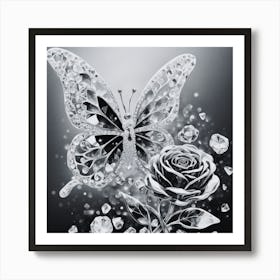 Black and White Crystal Butterfly And Roses Art Print