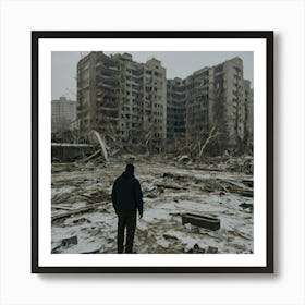 Man Walks Through The Rubble Of An Apartment Building Art Print