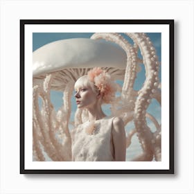 White Floral Mushroom Octopus Beauty Art Print