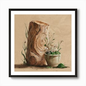 Tree Stump And Flowers Art Print