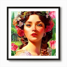 Girl With Flowers In Her Hair Art Print