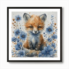 Lena1987 Cute Newborn Fox In Flowers Blue White Grey Colours Art Print