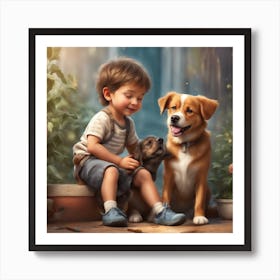 A beautiful and cute child plays with his dog Art Print