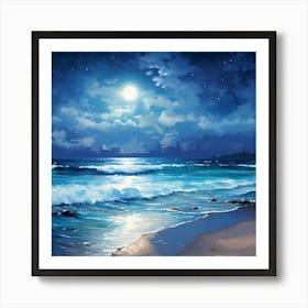 AI Tranquil Beach Scene Beneath A Luminous Moonlit Sky Art Print