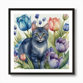 Blue Cat With Tulips Art Print