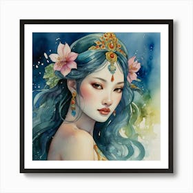 Chinese Woman The Magic of Watercolor: A Deep Dive into Undine, the Stunningly Beautiful Asian Goddess 2 Art Print