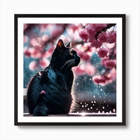 Black Cat, Raindrops and Pink Cherry Blossom 1 Art Print