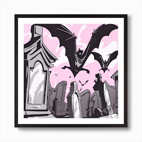 Spooky Bats Flying Over Cemetery Art Print