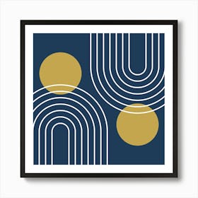 Mid Century Modern Geometric In Navy Blue And Gold (Rainbow And Sun Abstract) 02 Art Print