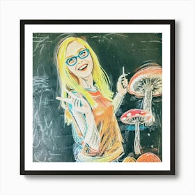 Chalk Drawing Of A Girl tripping With Mushrooms. Art Print