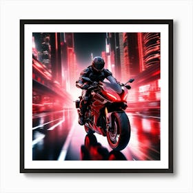 The Image Depicts A Futuristic Scene With A Black And Red Motorcycle Ridden By A Cyborg 1 Art Print