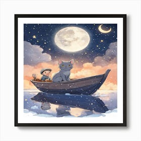 Cat And Boy In A Boat Art Print