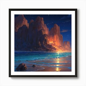 Majestic Twilight Glow Over a Tranquil Seashore With Towering Cliffs Art Print