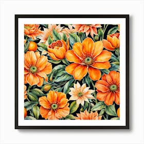 Orange Watercolor Canvas Flower Art Print