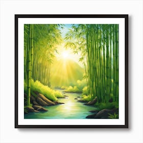 A Stream In A Bamboo Forest At Sun Rise Square Composition 187 Art Print