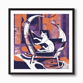 Drew Illustration Of Cat On Chair In Bright Colors, Vector Ilustracije, In The Style Of Dark Navy An (1) Art Print