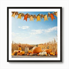 Autumnal Harvest Scene Capturing A Gourd Squash And Pumpkin Amongst A Field Of Corn Under A Cornfl (2) Art Print