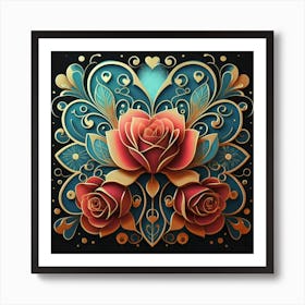 Abstract art of exotic flowers with vibrant abstract hearts in their designs, hearts, 15 Art Print