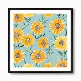 Summer Happy Sunflowers Blue Square Art Print