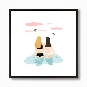 Two Girls In The Sea Square Art Print