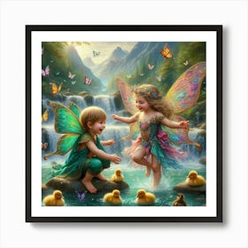 Fairy children playing with duckling  Art Print