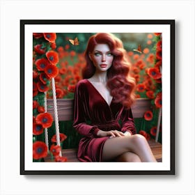 Red Haired Girl In Red Dress Art Print