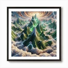 3 Dimensional Mountains With Multiple Green Lightning And White Swirls In A Vortex Of Clouds 4 Art Print