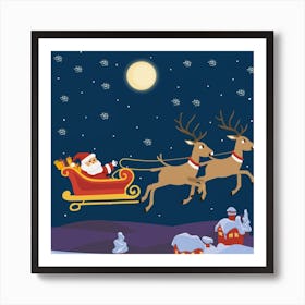 Santa Claus Flying With Reindeer Art Print