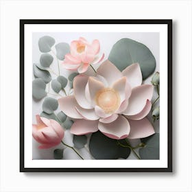 Firefly A Combination Of Lotus Flowers And Eucalyptus Leaves In Pale Pink And Gray, Spaced Out With (1) 1 Art Print