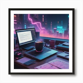 Computer Desk At Night 1 Art Print