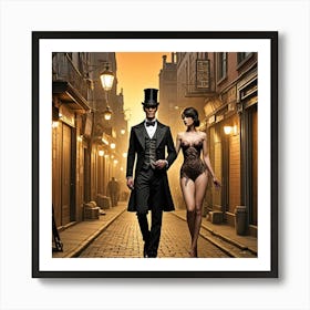 Steampunk Couple Date Night Cubism Style Art Print