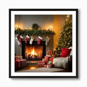 A Convivial Christmas Scene A Roaring Hearth Fireplace Illuminating The Room A Lush Evergreen Chri (3) Art Print