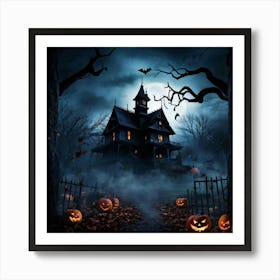 A Fiercely Blazing Haunted House Banner Devilishly Shadowed And Skittish Across The Eerie Pattern O (4) Art Print