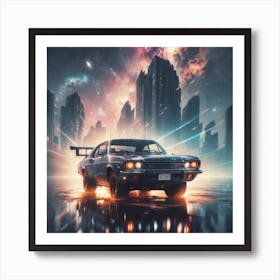 Retro painting of car in big city with neon lights  Art Print