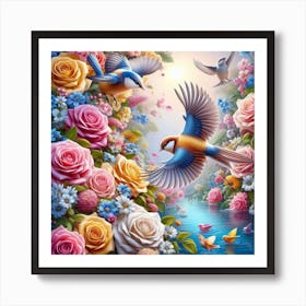 Birds And Roses 1 Art Print