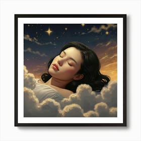 A photorealistic portrayal of a woman with shiny black bobbed hair, asleep on shimmering golden clouds. The sky around her is dotted with stars, each shaped like a Hello Kitty cat, casting a soft glow. Created Using: high-resolution detail, magical night sky, gold-tinted clouds, playful star designs, tranquil mood, soft glow effects, enchanted setting, clear focus --ar 16:9 --v 6.0 1 Art Print