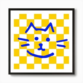 Cat On Checkerboard Yellow Art Print