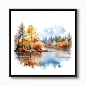 Watercolor Of Autumn Trees On The Lake Art Print