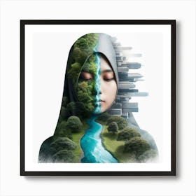A photo of a young woman wearing a hijab with a green and blue pattern of nature on one side and a grey pattern of a city on the other side of her face, symbolizing the harmony between the natural world and urban life, and the need to protect the environment while still allowing for urban development. Art Print