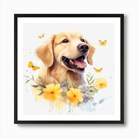 Golden Retriever With Flowers Art Print