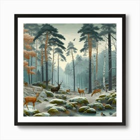 Deer In The Foggy Winter Forest, Acrylic Painting Style Art Print