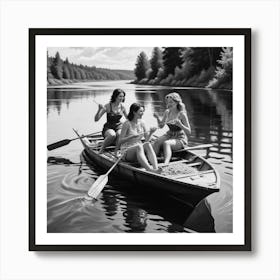 Eating Pasta on a Lake, Three Women On Raft, Funny Black and White Vintage Photo Art Print 2 Art Print