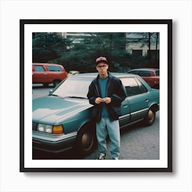 Young Man In Front Of A Car Art Print