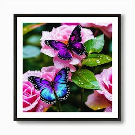 Butterflies On Pink Roses 1 Art Print